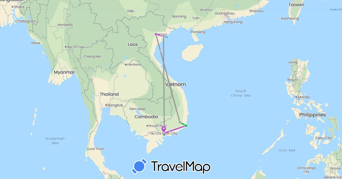 TravelMap itinerary: driving, bus, plane, train, boat in Vietnam (Asia)